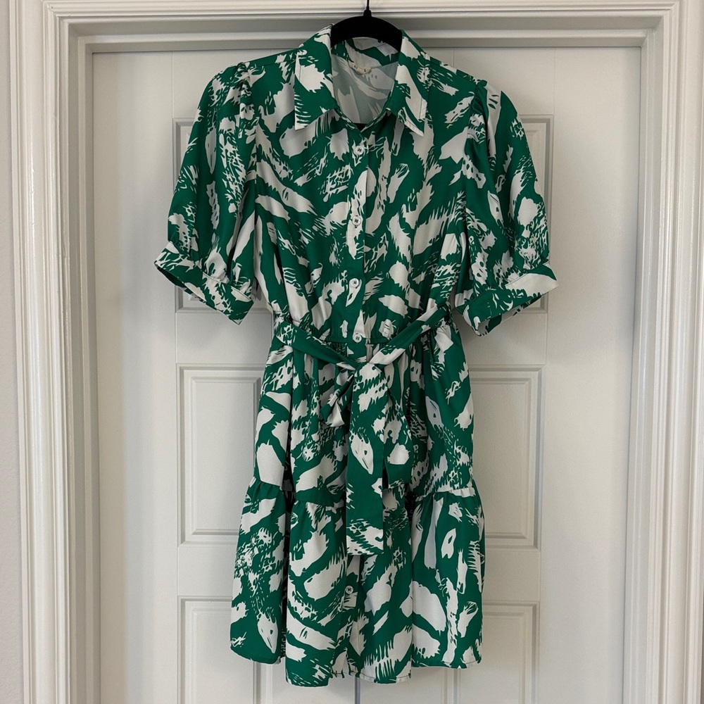 Jodifl Green & White Abstract Button-Up Shirt Dress with Tie